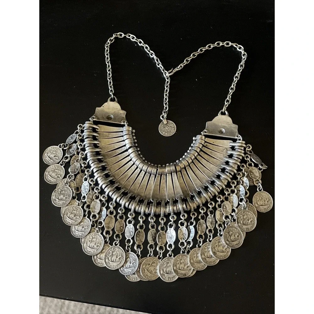 Vintage Metal Afghan Arabic Ship Coin Pendants Choker Necklace Tribal Coin Dance